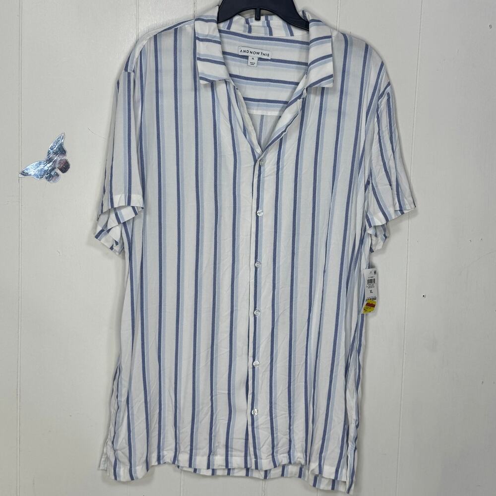 And‎ Now This Mens Casual Button Down Shirt Size XL Blue White Stripped Collared